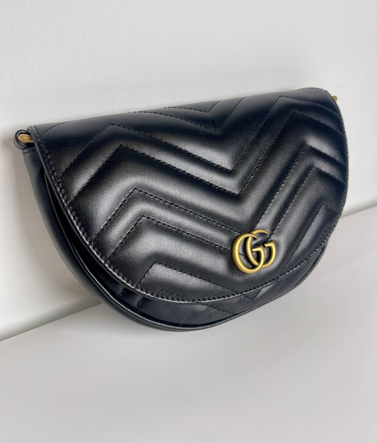 GUCCI BLACK DOUBLE G MARMONT MINI HALF MOON CROSSBODY