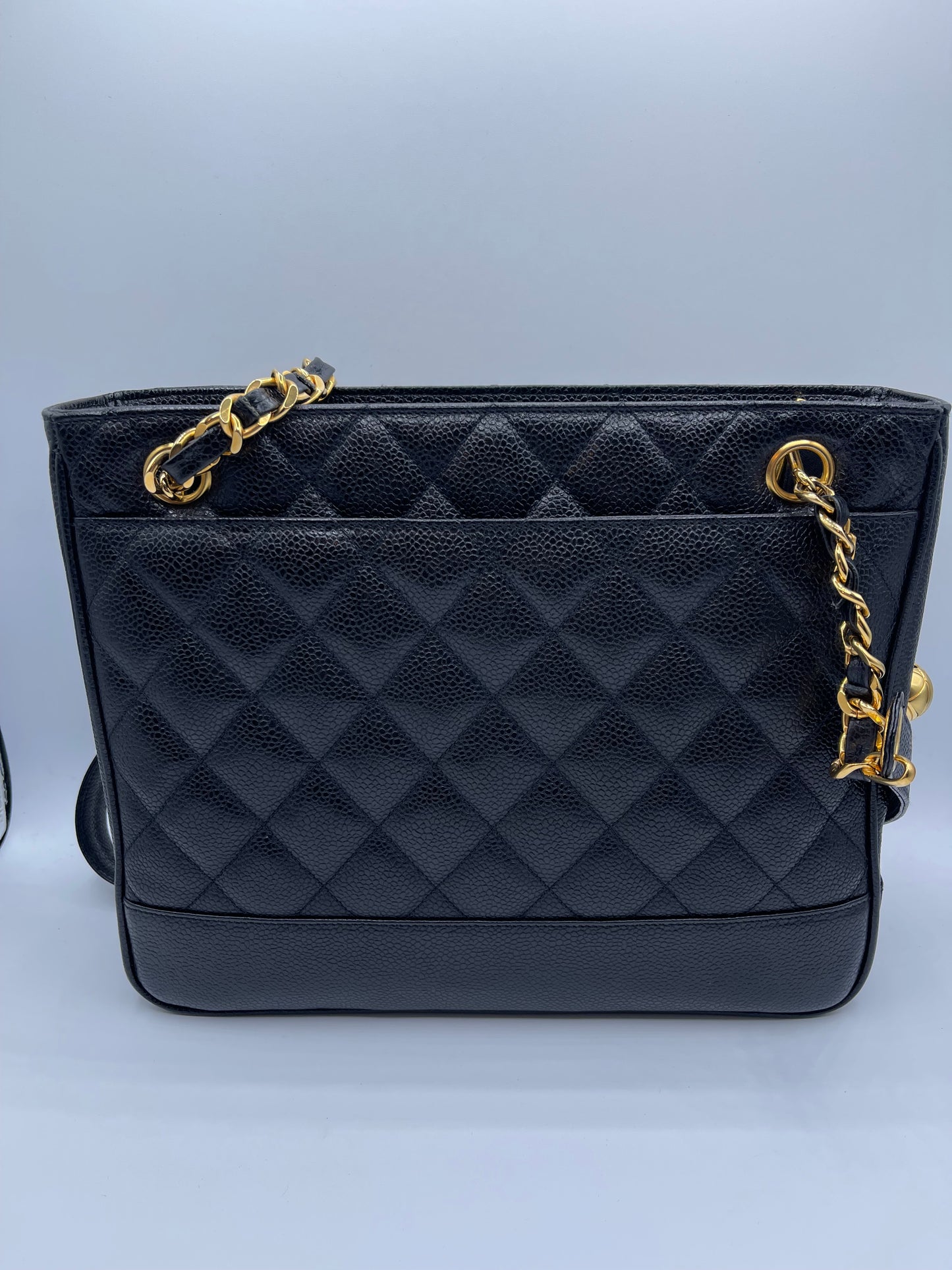 BLACK CHANEL CAVIAR SHOULDER BAG WITH GOLD HARDWARE LONG STRAPS