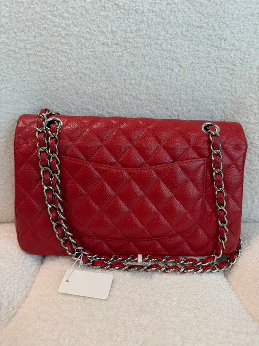 CHANEL CLASSIC DOUBLE FLAP QUILTED MEDIUM RED SILVER
