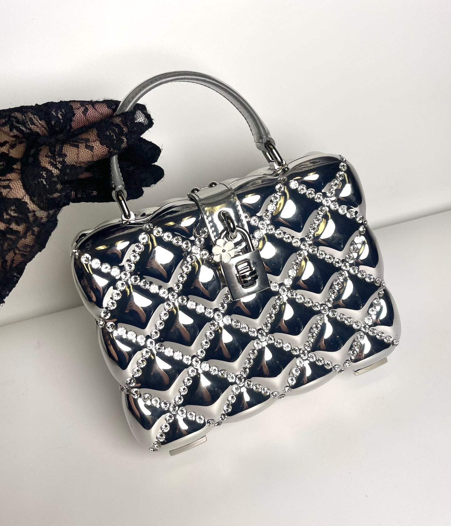 DOLCE & GABBANA DOLCE BOX RHINESTONES SILVER TOP HANDLE
