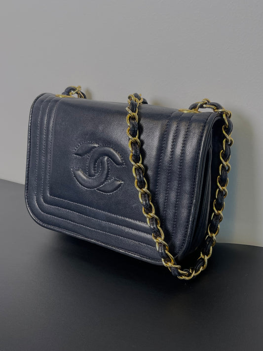 VINTAGE LAMBSKIN NAVY MINI CHANEL WITH GOLD HARDWARE