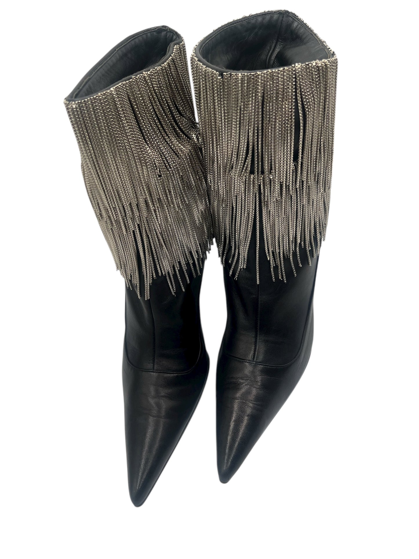 DOLCE & GABBANA VINTAGE BLACK LEATHER BOOTS WITH METAL FRINGE Size 9.5 US