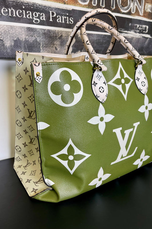 LOUIS VUITTON ON THE GO GM MONOGRAM WHITE KHAKI GREEN BEIGE