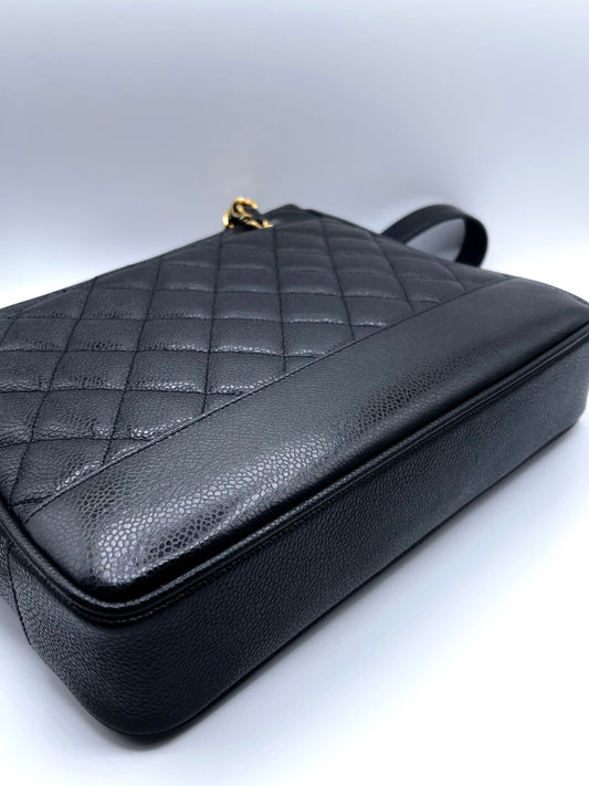BLACK CHANEL CAVIAR SHOULDER BAG WITH GOLD HARDWARE LONG STRAPS