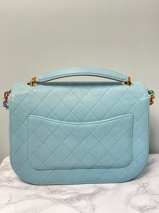 CHANEL CAVIAR LIGHT BLUE QUILTED SMALL CUBA BAG