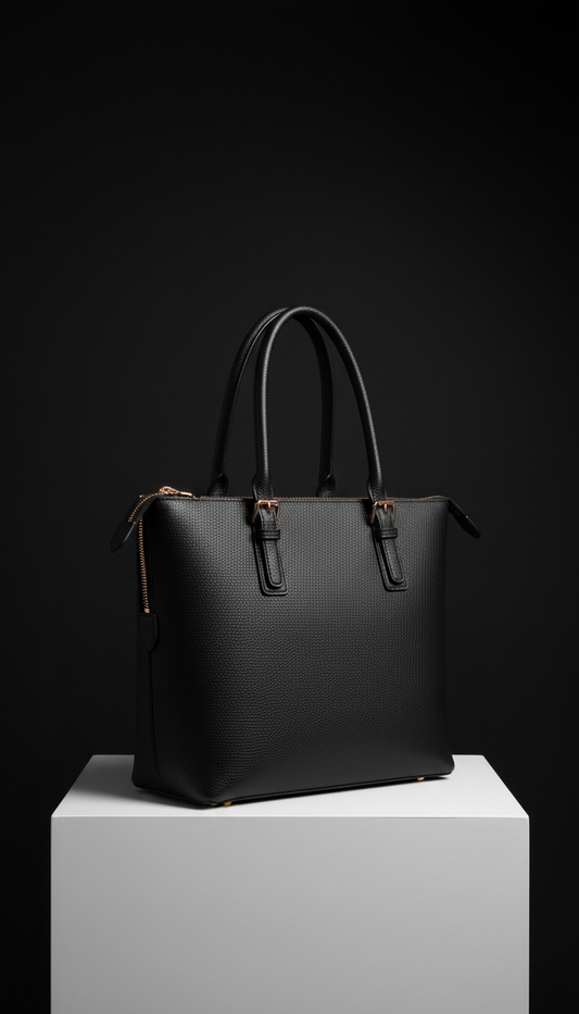 Jet black city tote structured leather