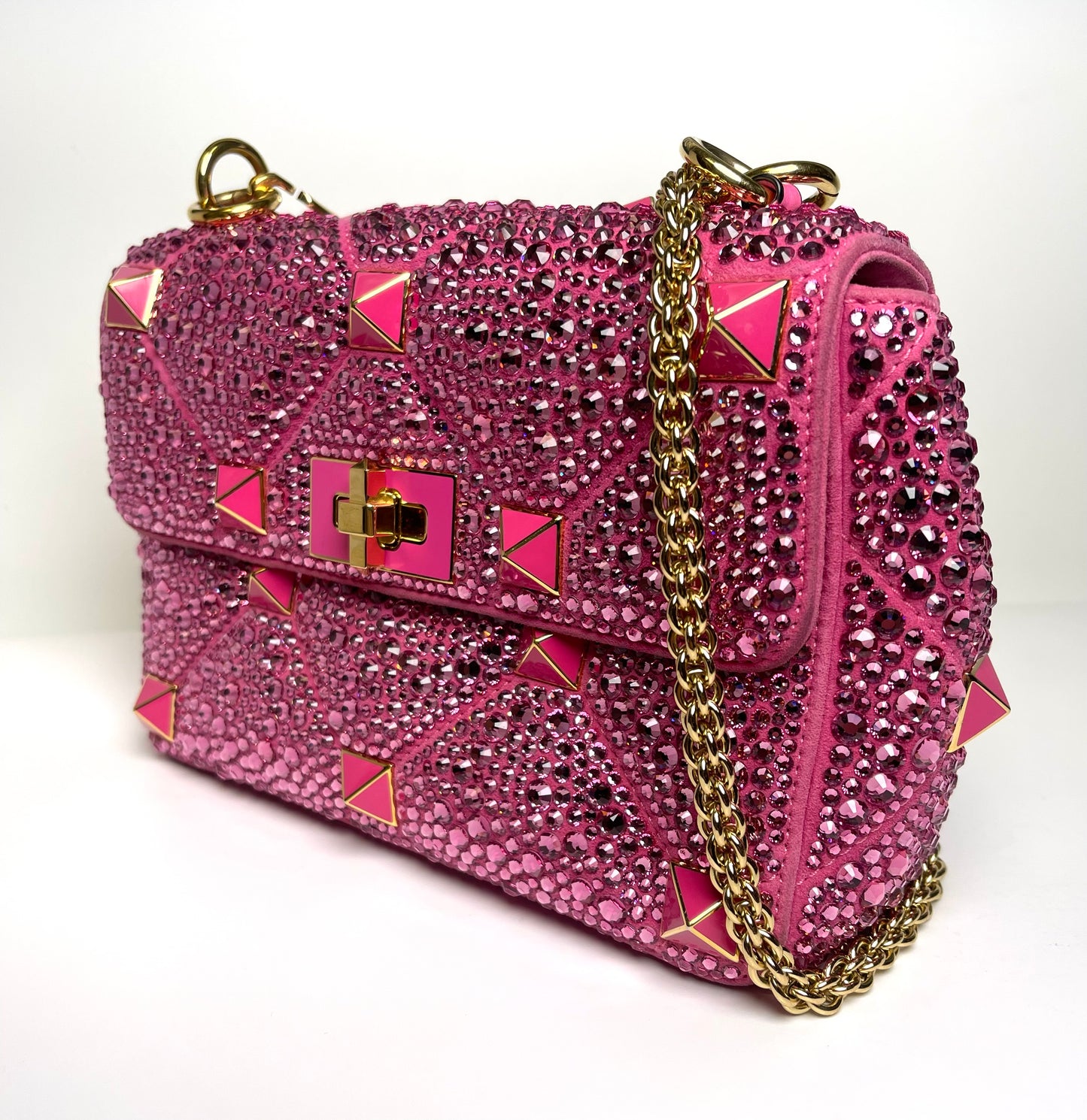 VALENTINO GARAVANI SHOULDER BAG PINK CRYSTAL ROMAN STUD
