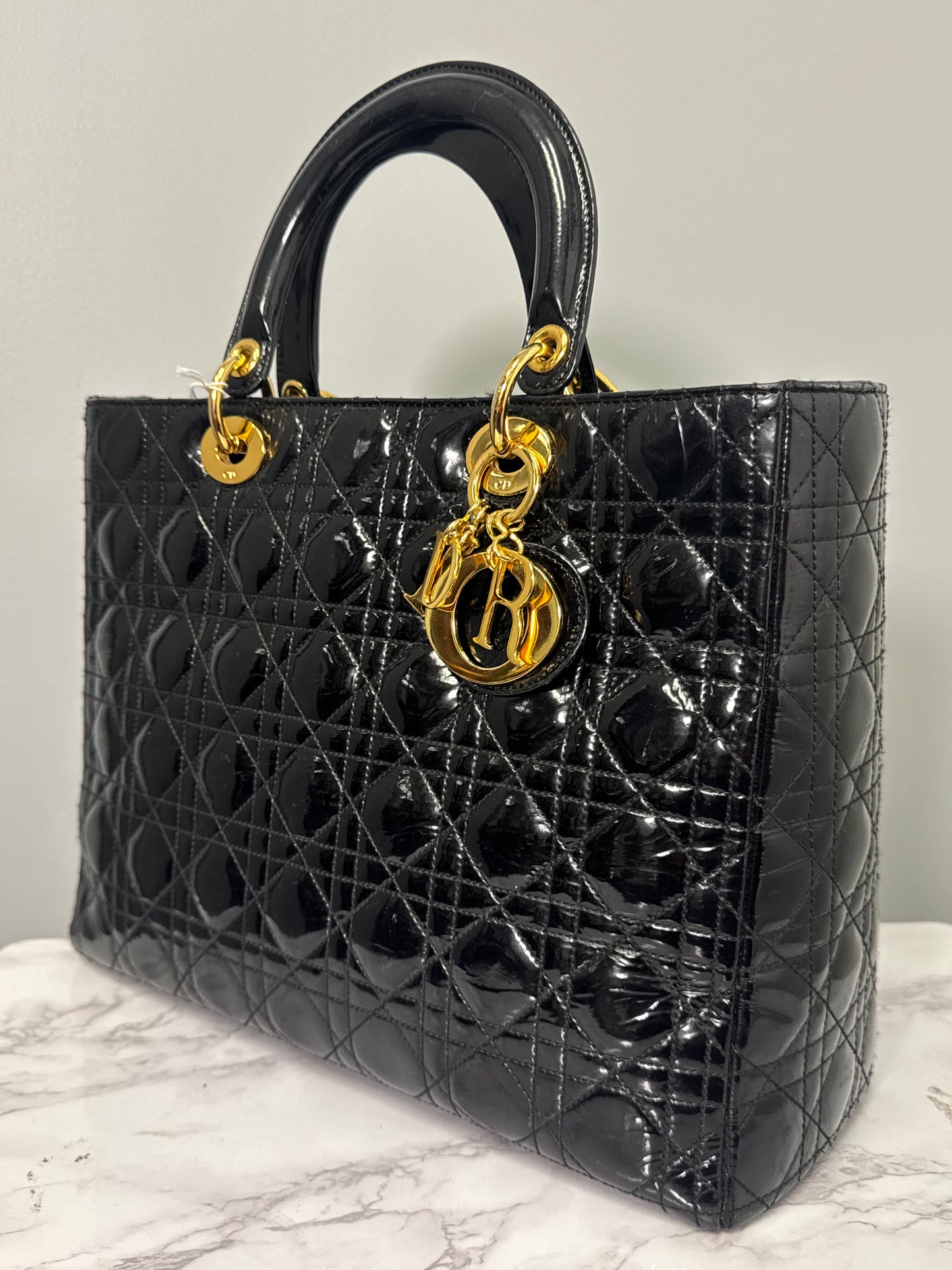 LADY DIOR BLACK PATENT LEATHER WITH GOLD HARDWARE LARGE