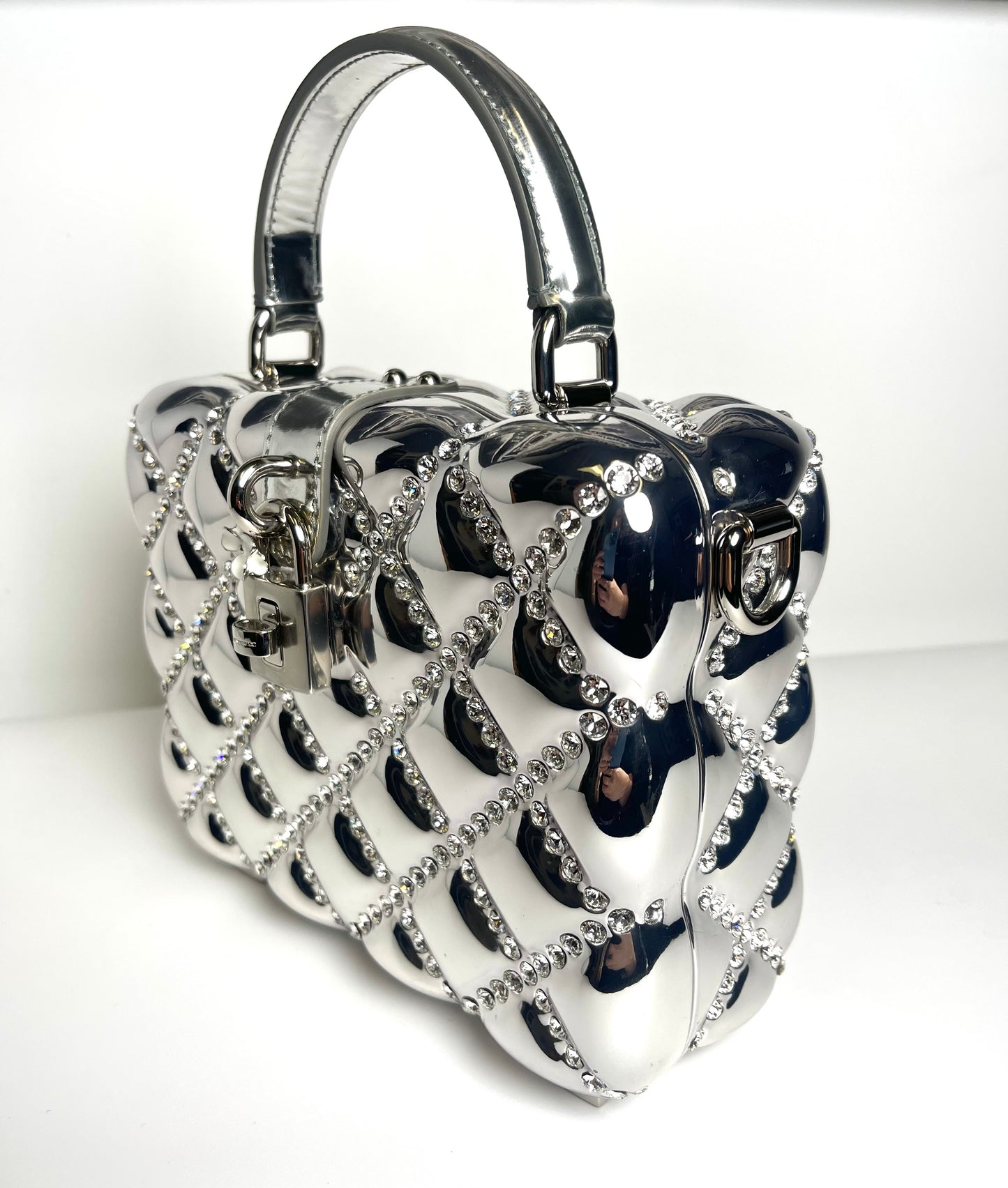DOLCE & GABBANA DOLCE BOX RHINESTONES SILVER TOP HANDLE