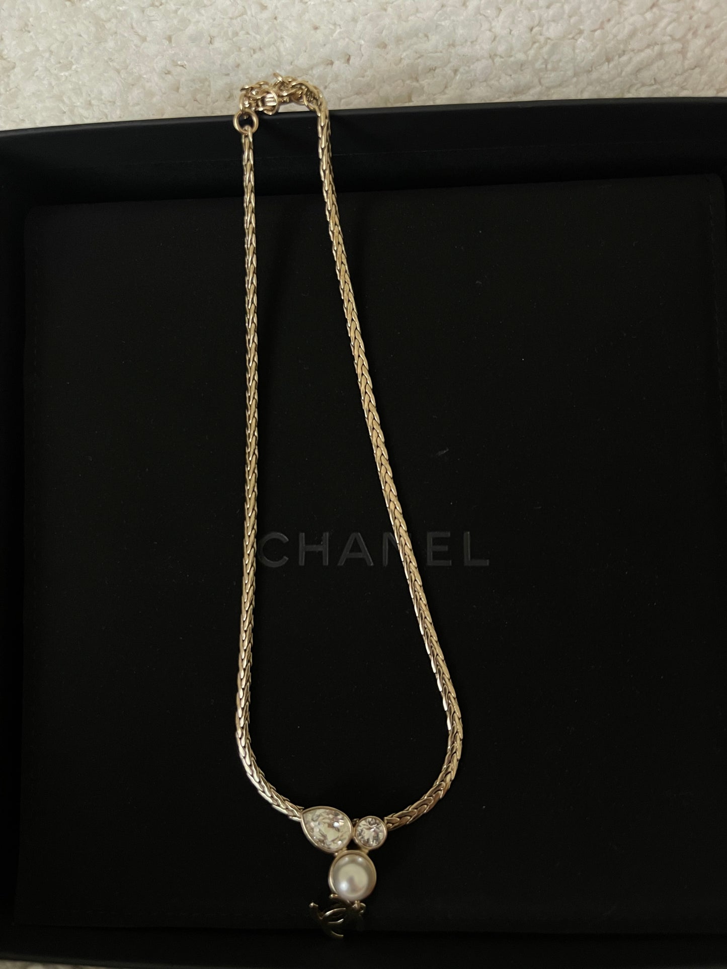 Chanel Pearl Crystal CC Teardrop Braided Necklace Gold