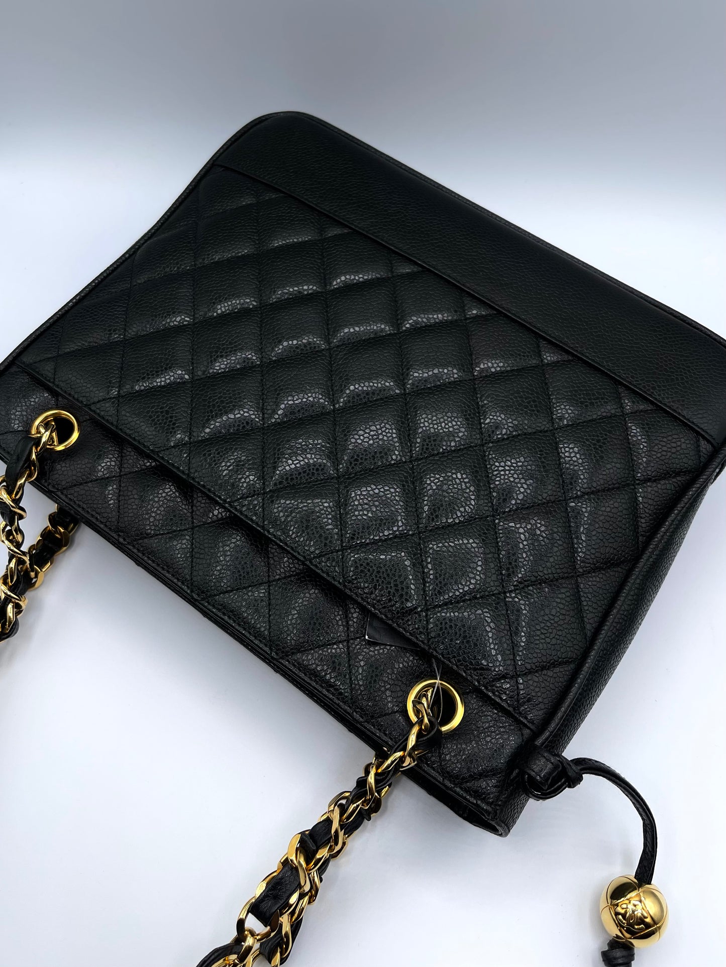 BLACK CHANEL CAVIAR SHOULDER BAG WITH GOLD HARDWARE LONG STRAPS