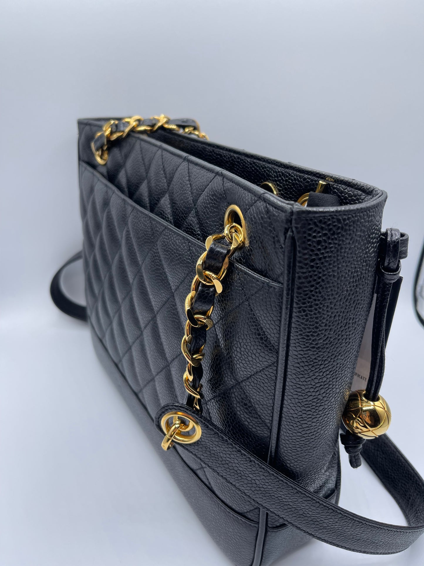 BLACK CHANEL CAVIAR SHOULDER BAG WITH GOLD HARDWARE LONG STRAPS
