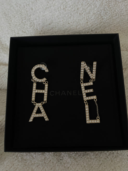 CHA-NEL Crystal Logo Drop Earrings