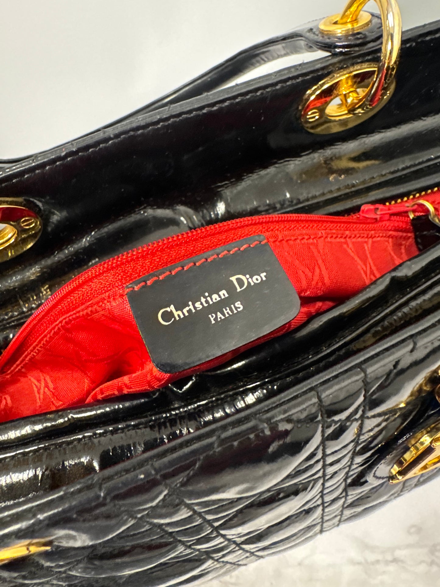 LADY DIOR BLACK PATENT LEATHER WITH GOLD HARDWARE LARGE