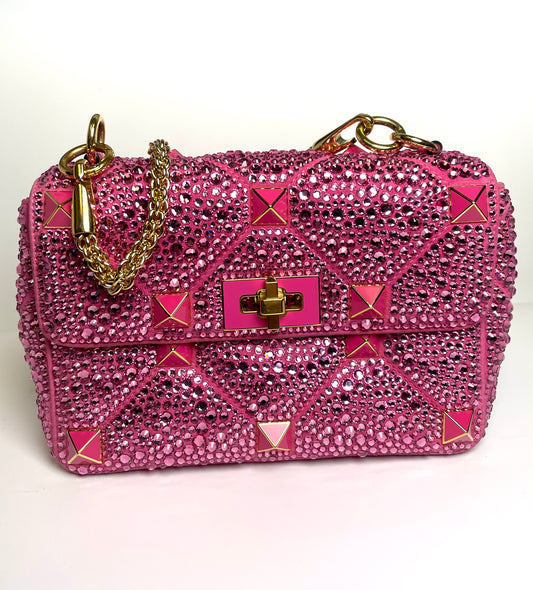 VALENTINO GARAVANI SHOULDER BAG PINK CRYSTAL ROMAN STUD