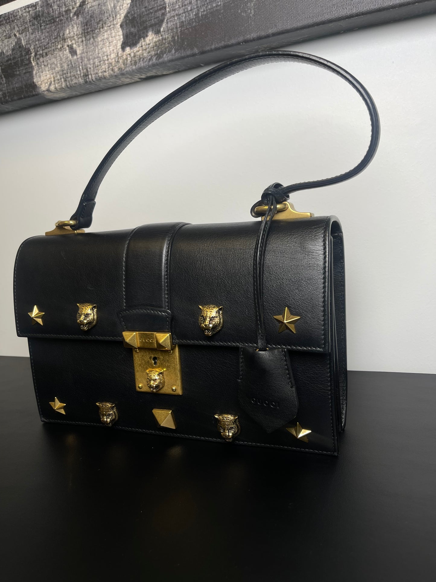 GUCCI BLACK SHOULDER BAG STUDDED GOLD HARDWARE