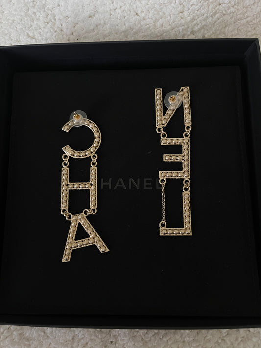 CHA-NEL Crystal Logo Drop Earrings