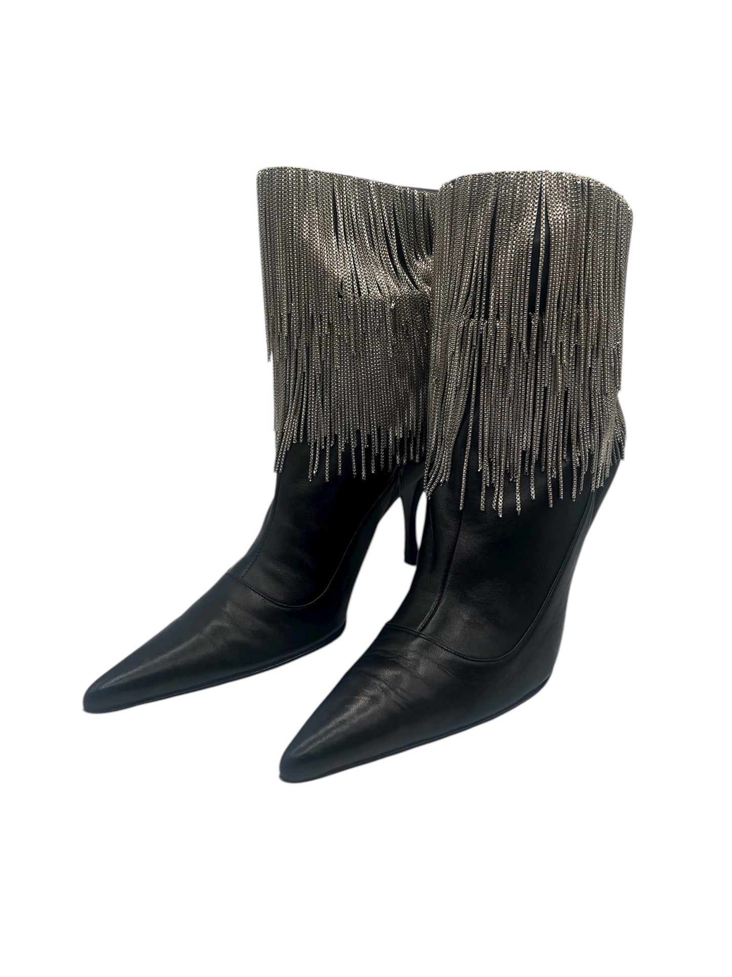 DOLCE & GABBANA VINTAGE BLACK LEATHER BOOTS WITH METAL FRINGE Size 9.5 US