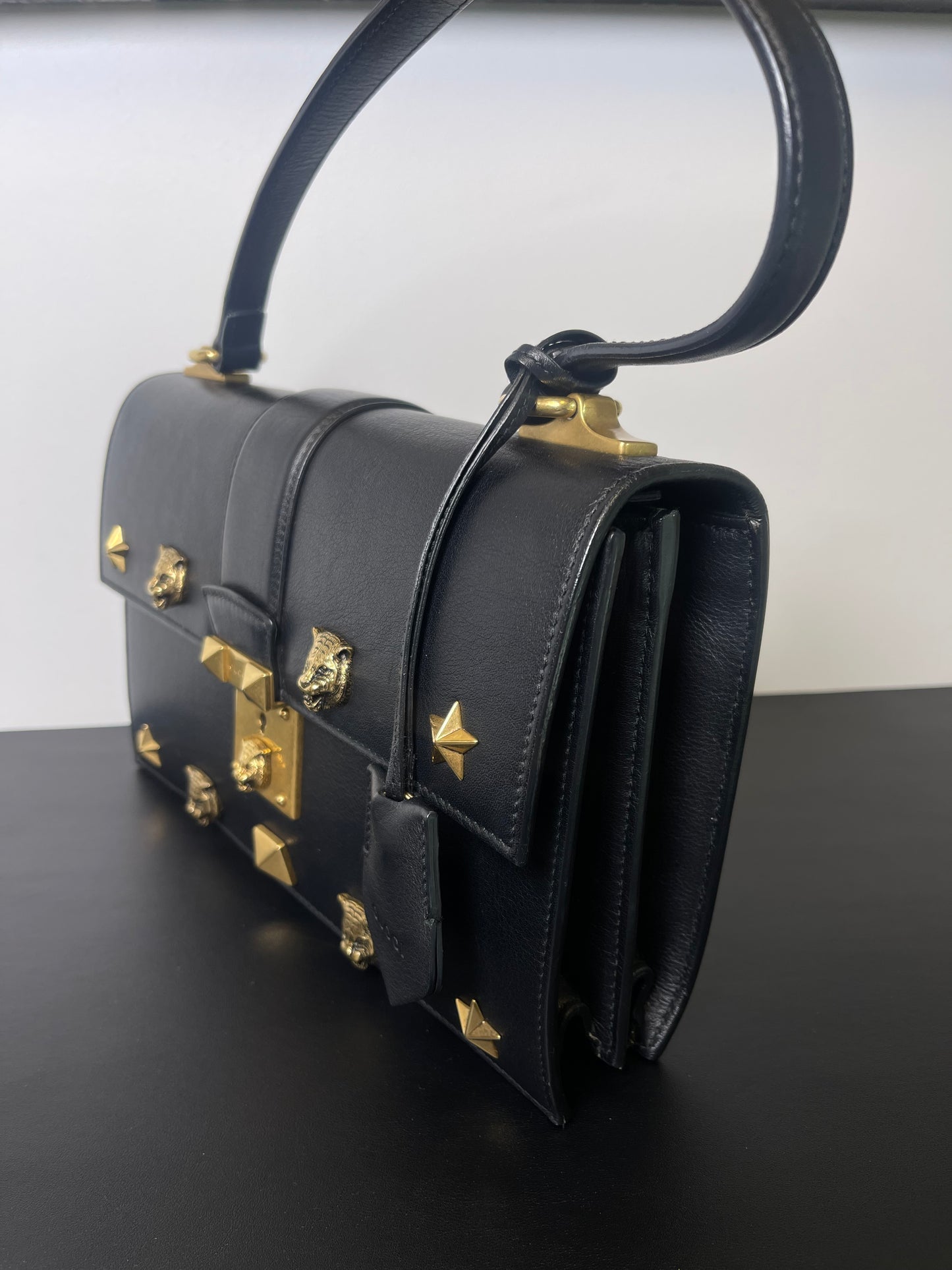 GUCCI BLACK SHOULDER BAG STUDDED GOLD HARDWARE