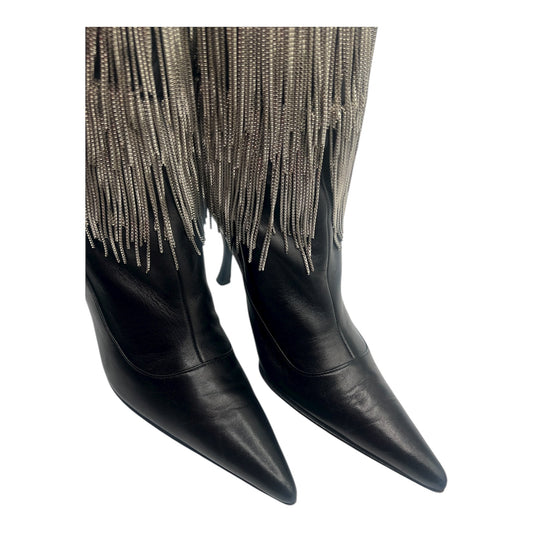 DOLCE & GABBANA VINTAGE BLACK LEATHER BOOTS WITH METAL FRINGE Size 9.5 US