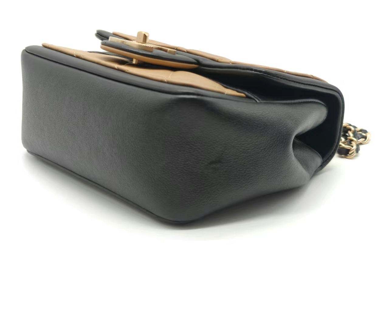 MINI CHANEL FLAP BAG CROSSBODY BEIGE & BLACK LAMBSKIN