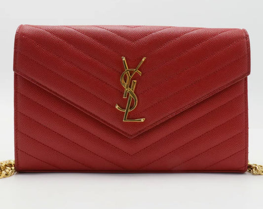 YSL ENVELOPE CROSSBODY RED WITH GOLD CHAIN