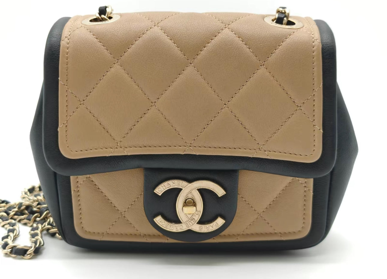 MINI CHANEL FLAP BAG CROSSBODY BEIGE & BLACK LAMBSKIN