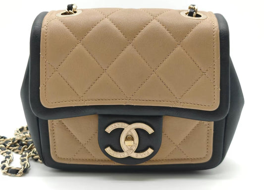 MINI CHANEL FLAP BAG CROSSBODY BEIGE & BLACK LAMBSKIN