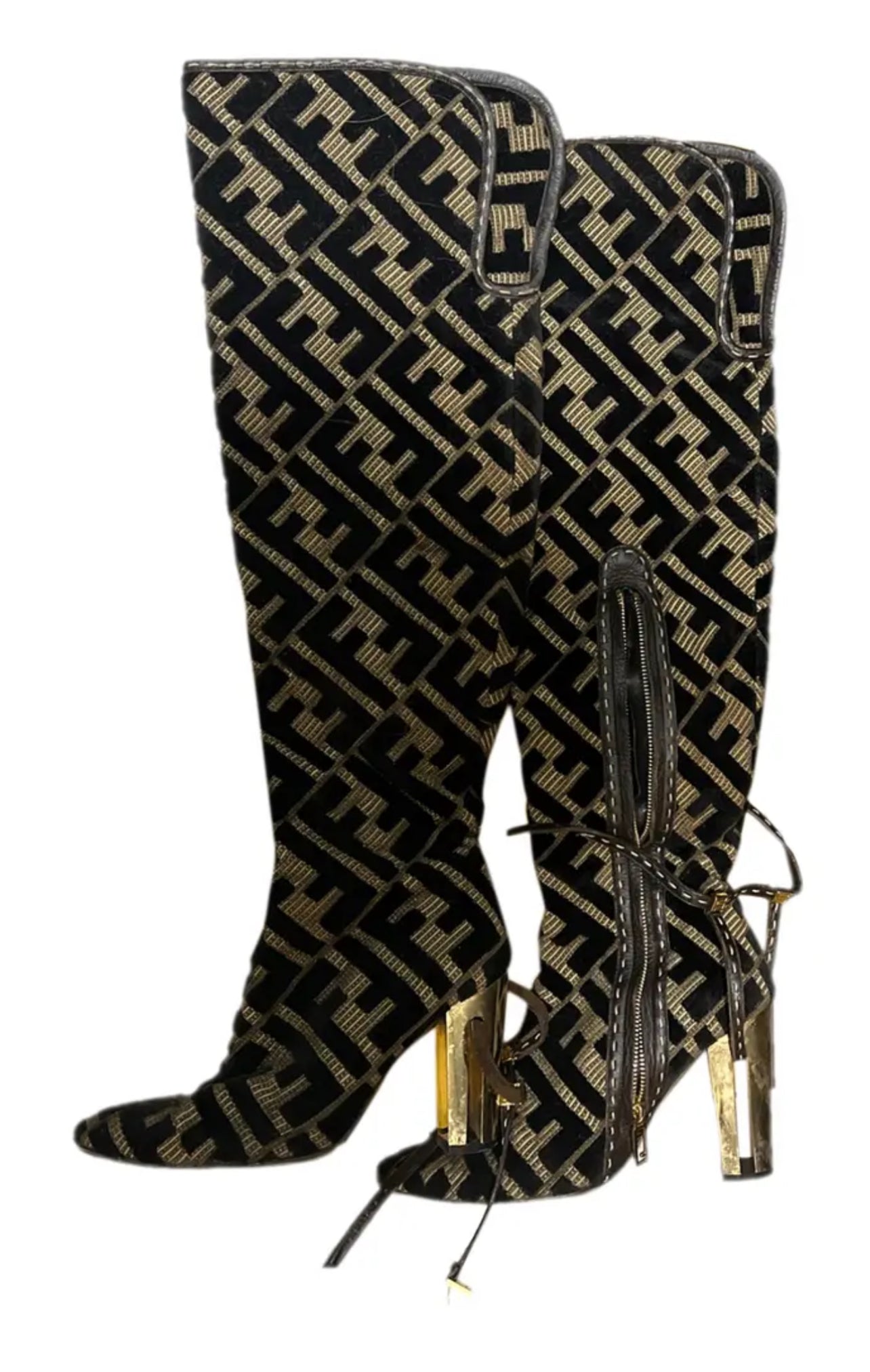 FENDI THIGH HIGH BOOTS- Chenille Jacquard-Size 40.5