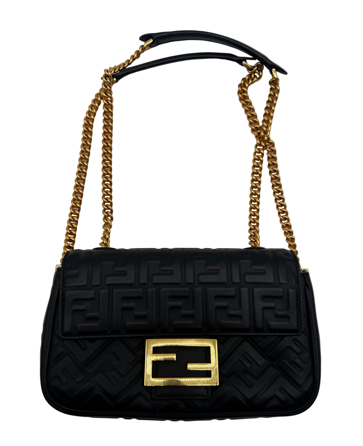 Black handbag with gold chain and clasp on a white background