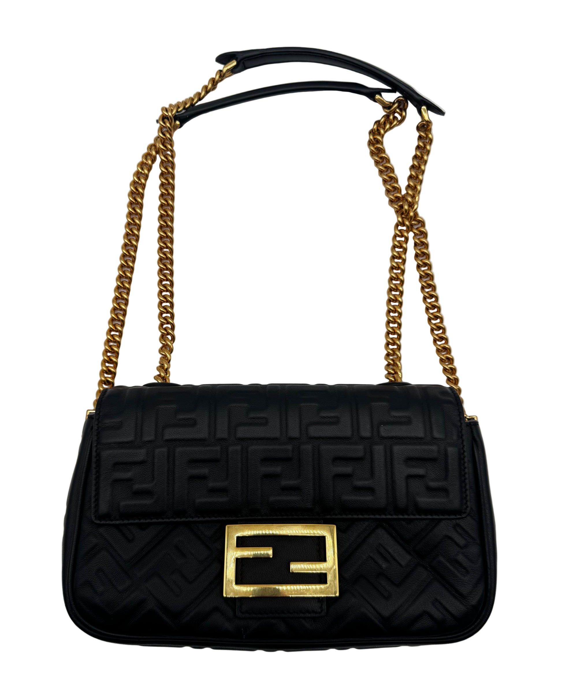 Black handbag with gold chain and clasp on a white background