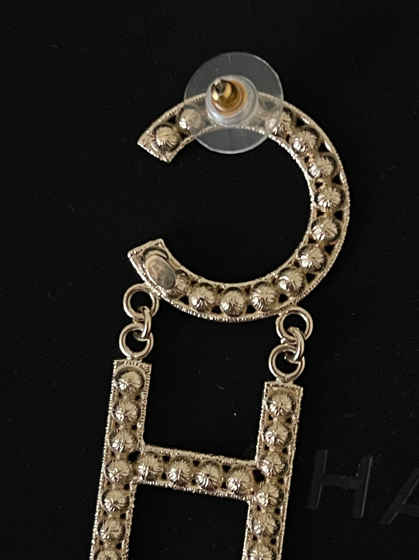 CHA-NEL Crystal Logo Drop Earrings