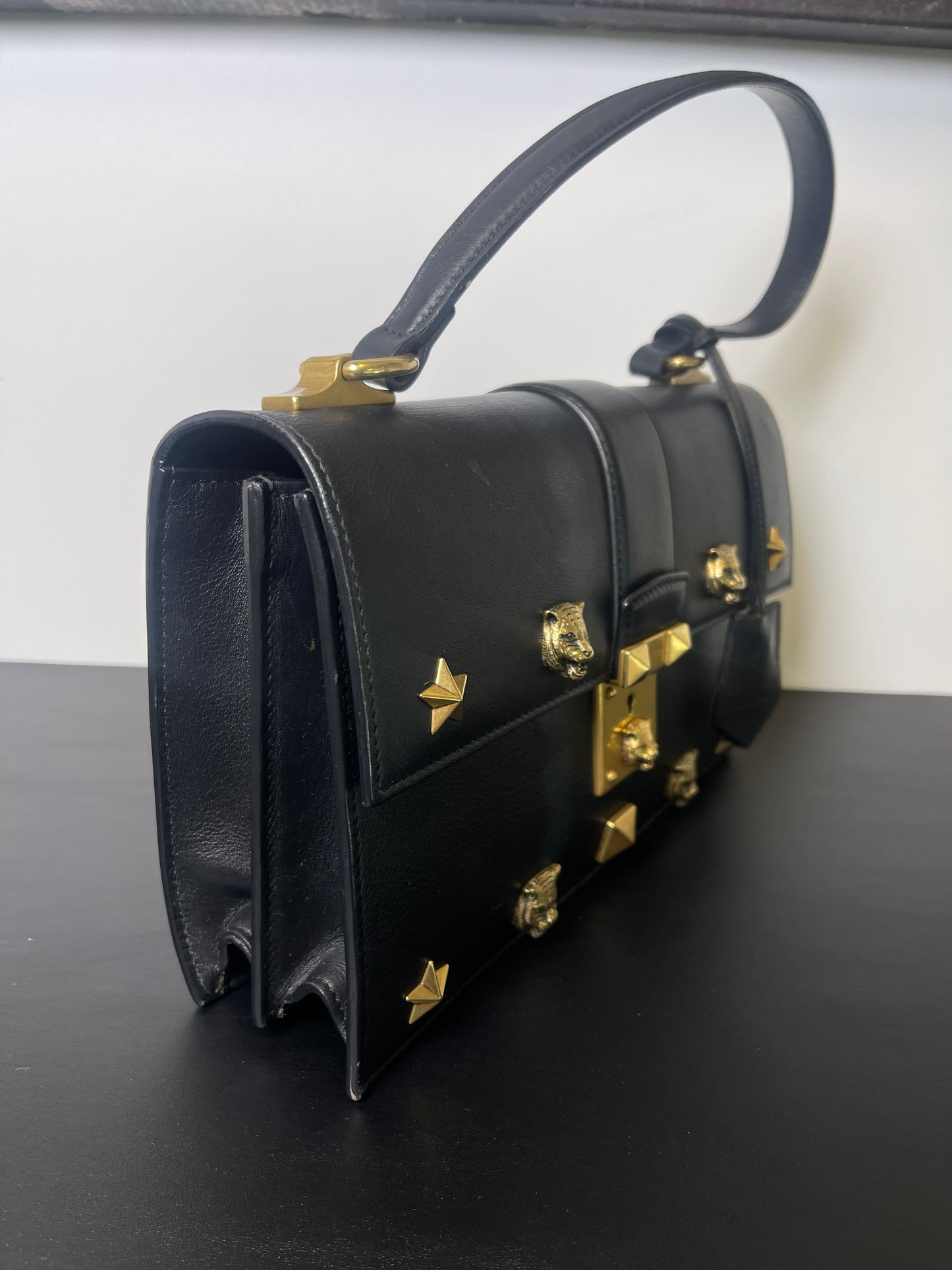 GUCCI BLACK SHOULDER BAG STUDDED GOLD HARDWARE
