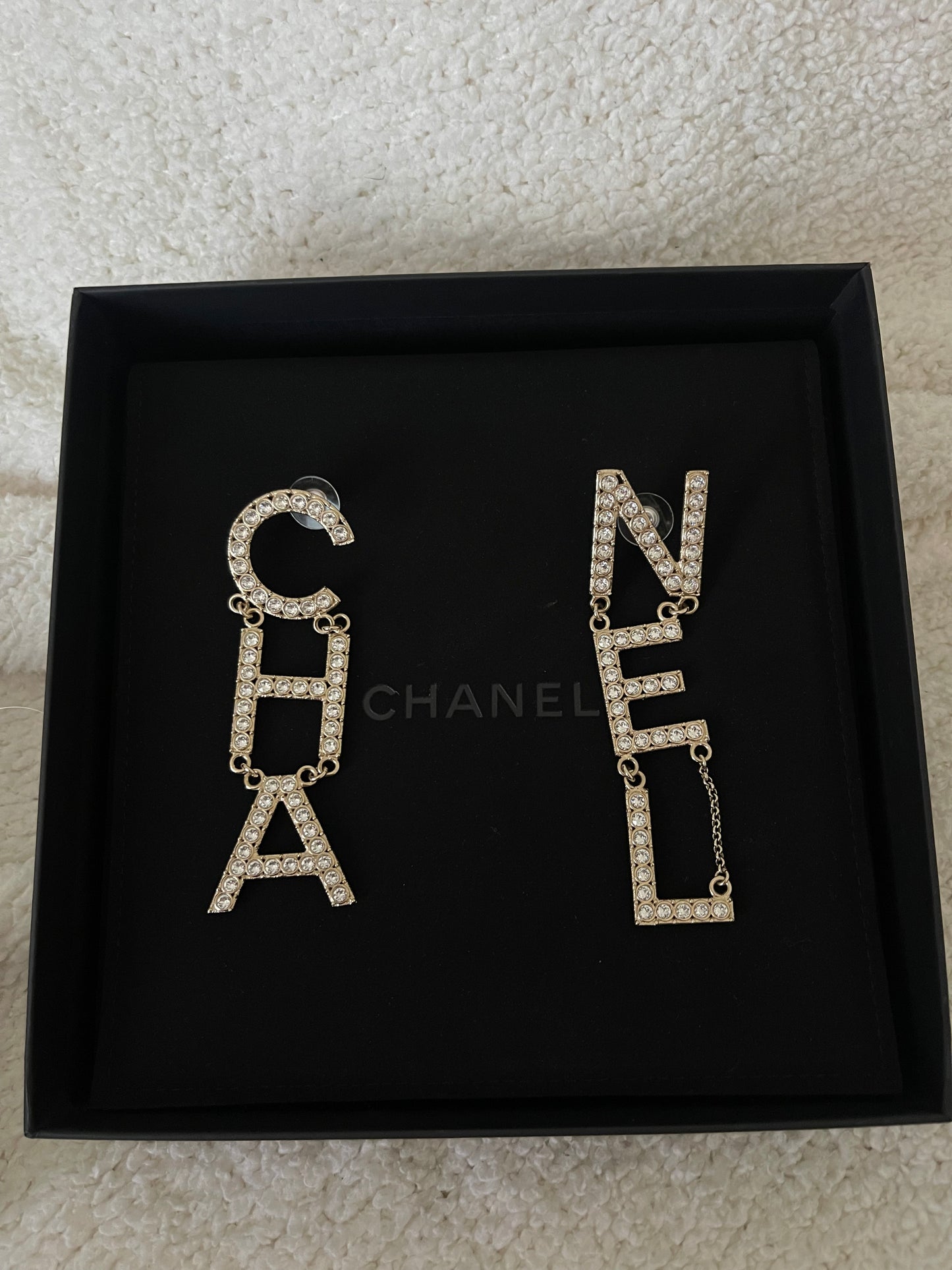 CHA-NEL Crystal Logo Drop Earrings