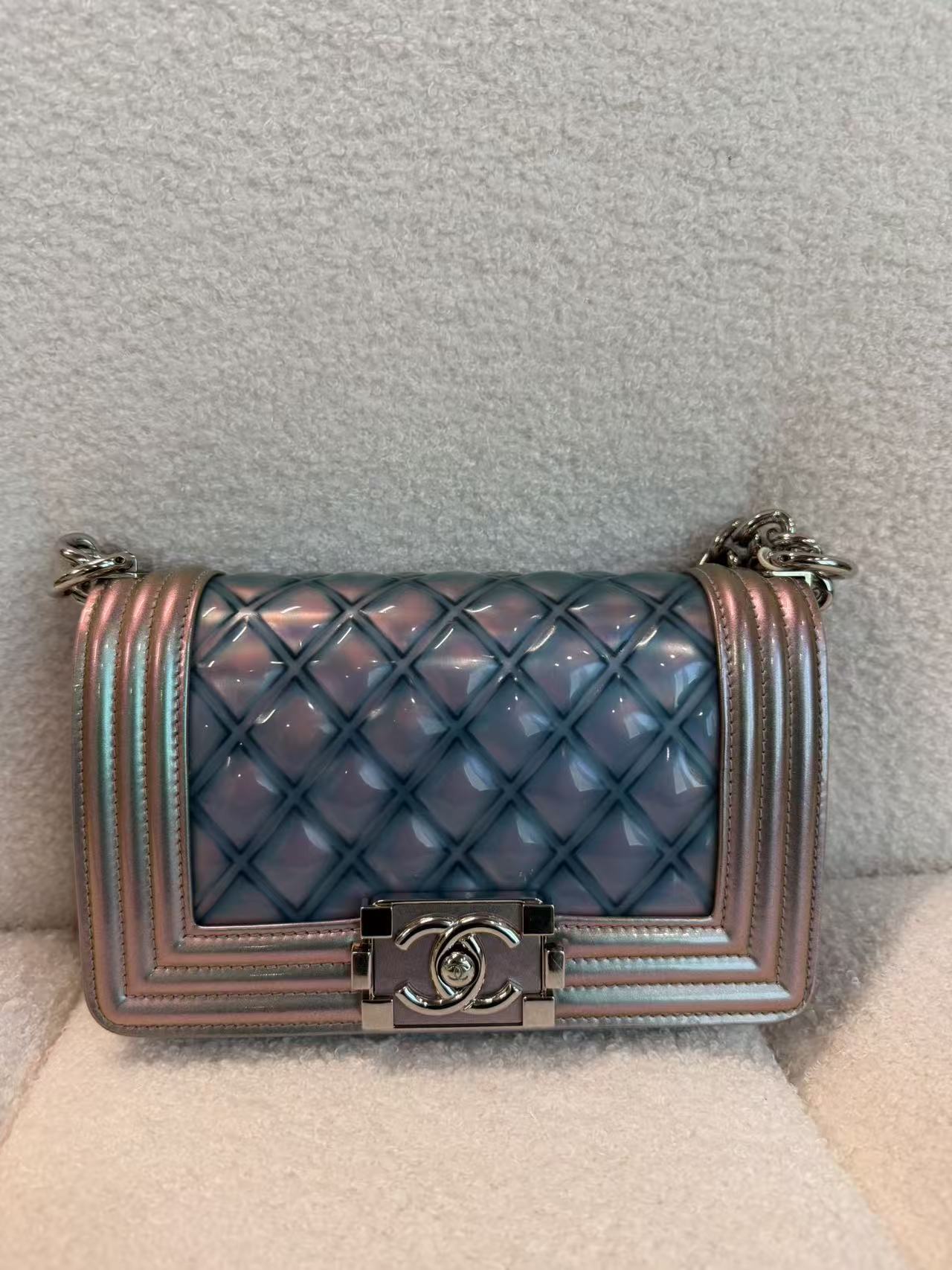 CHANEL BOY FLAP BAG QUILTED HOLOGRAPHIC PVC SMALL