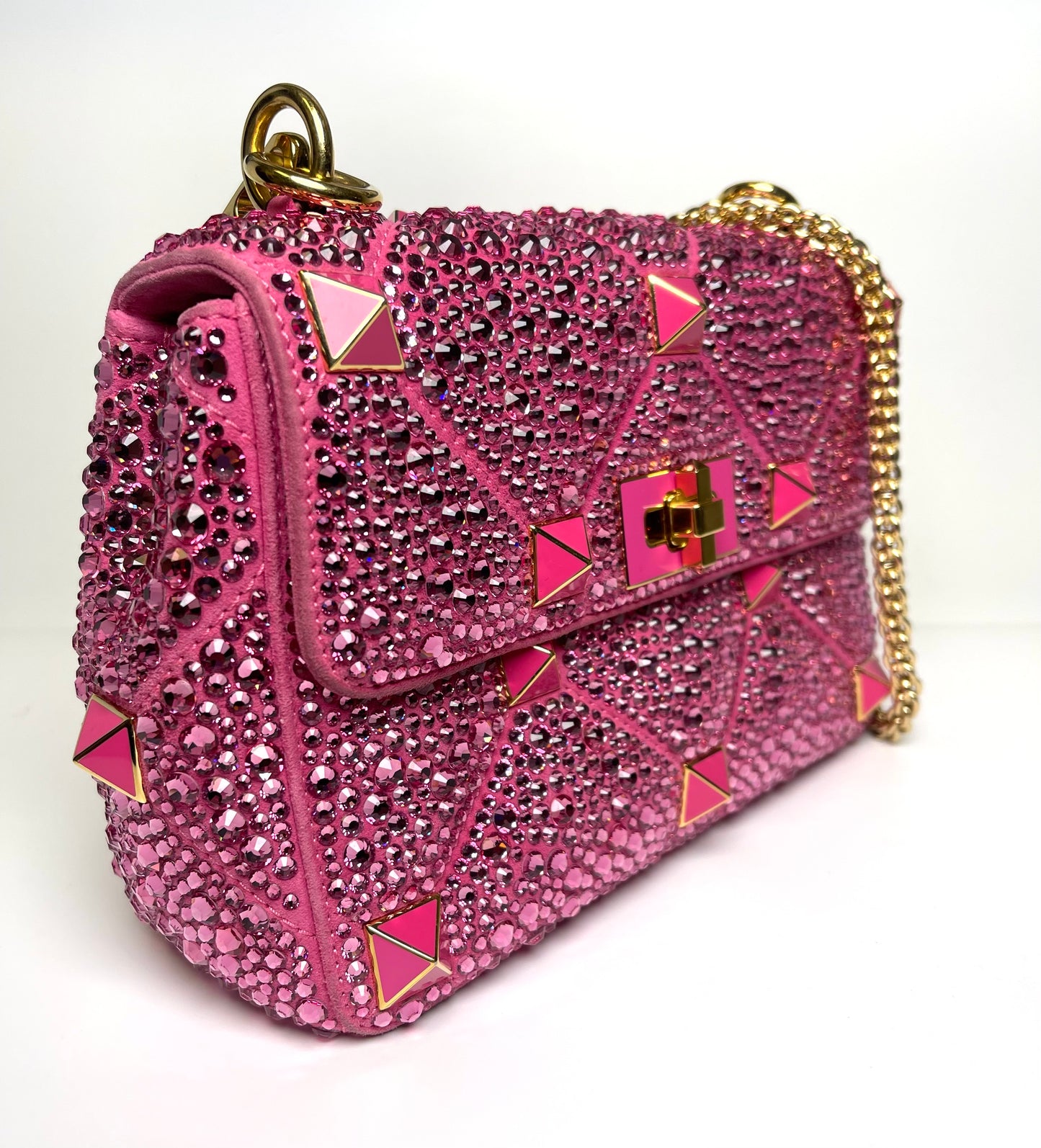 VALENTINO GARAVANI SHOULDER BAG PINK CRYSTAL ROMAN STUD