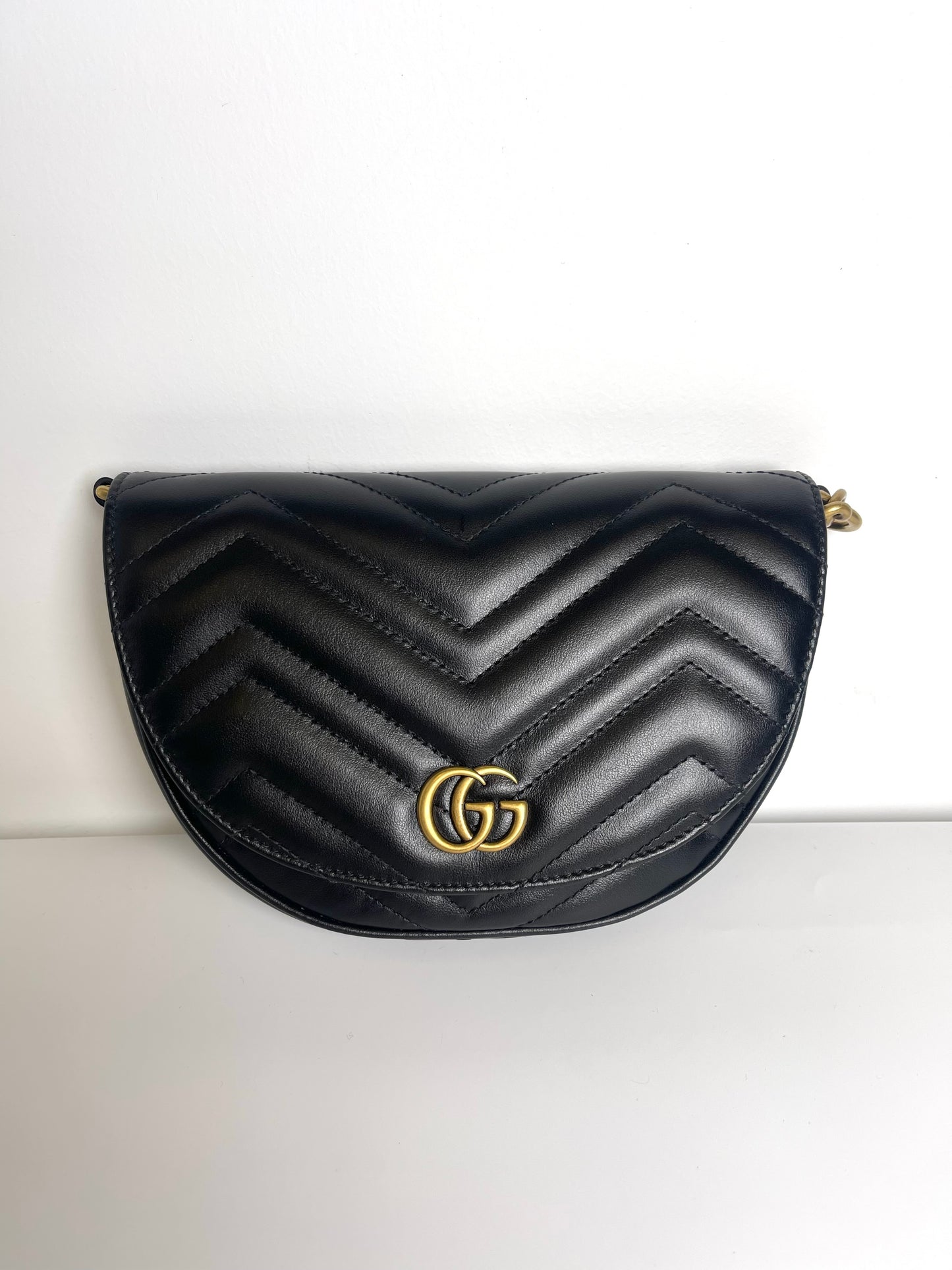 GUCCI BLACK DOUBLE G MARMONT MINI HALF MOON CROSSBODY