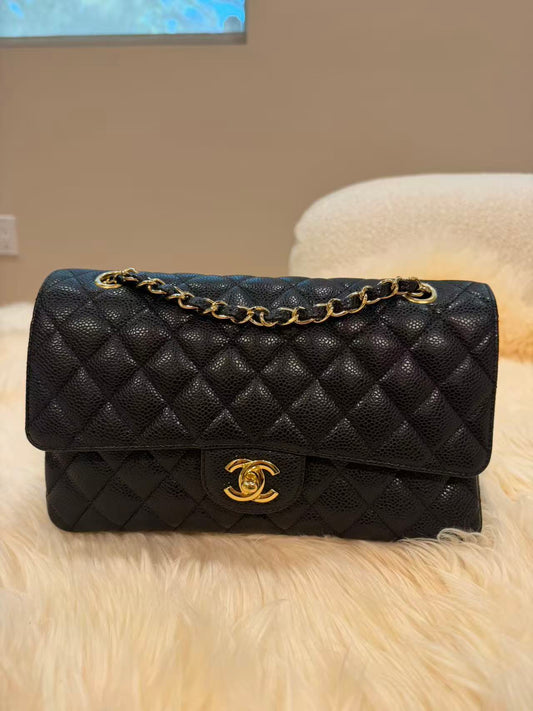 CHANEL CF BLACK GOLD DOUBLE FLAP MEDIUM CAVIAR LEATHER