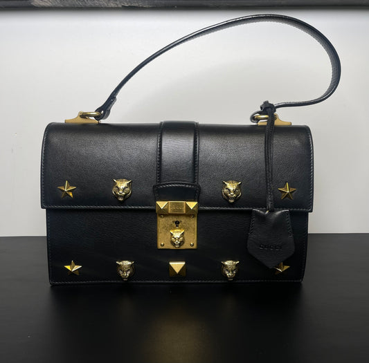 GUCCI BLACK SHOULDER BAG STUDDED GOLD HARDWARE