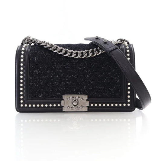 Chanel Medium Black Tweed Pearl Embellished Boy Bag