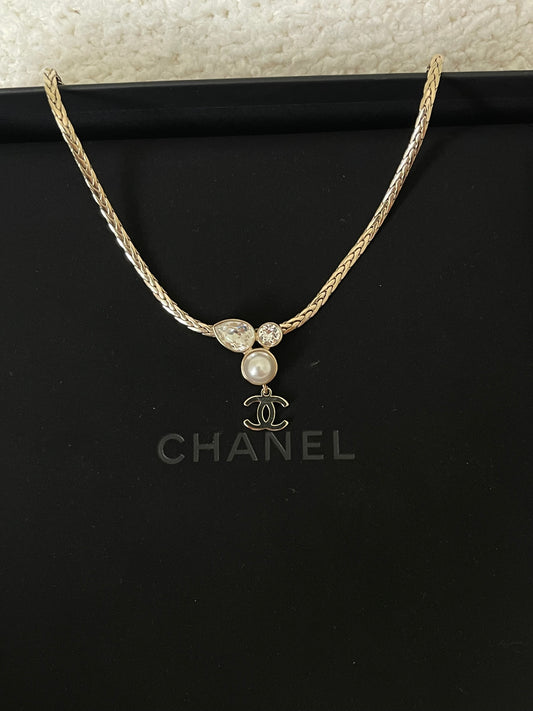 Chanel Pearl Crystal CC Teardrop Braided Necklace Gold
