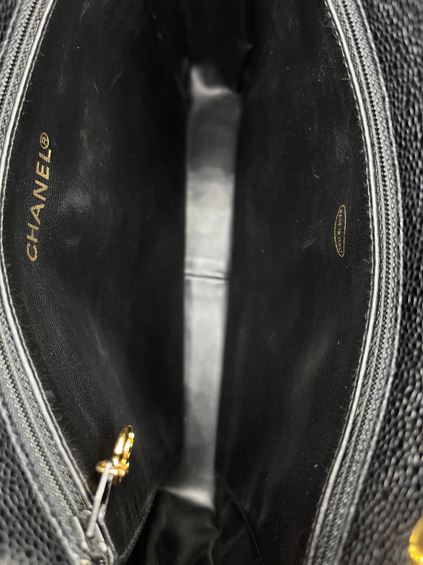 BLACK CHANEL CAVIAR SHOULDER BAG WITH GOLD HARDWARE LONG STRAPS