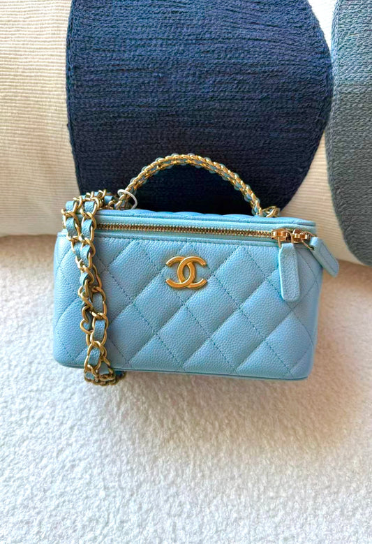 CHANEL 22s VANITY CAVIAR SKY BLUE GOLDEN HARDWARE