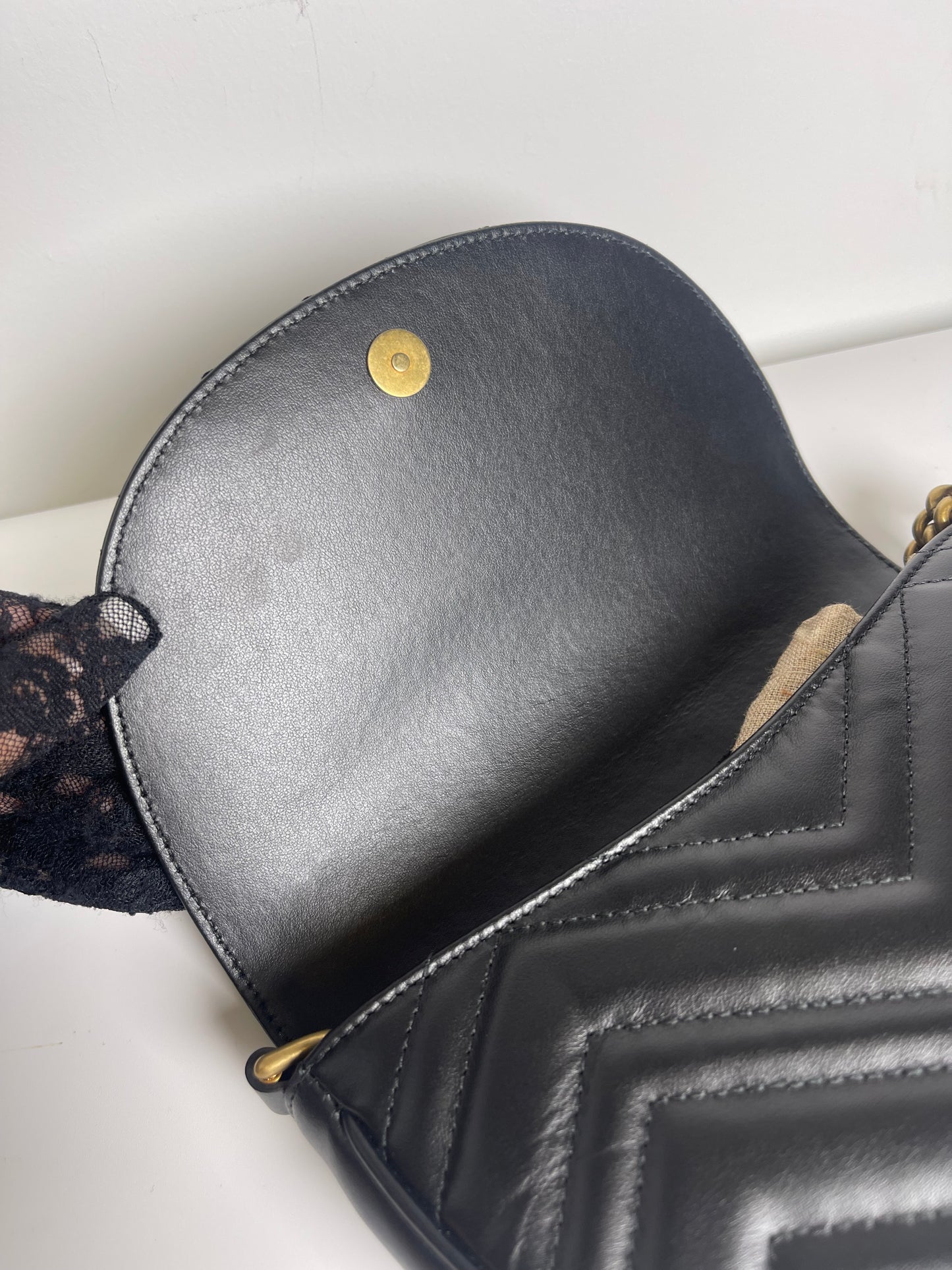 GUCCI BLACK DOUBLE G MARMONT MINI HALF MOON CROSSBODY