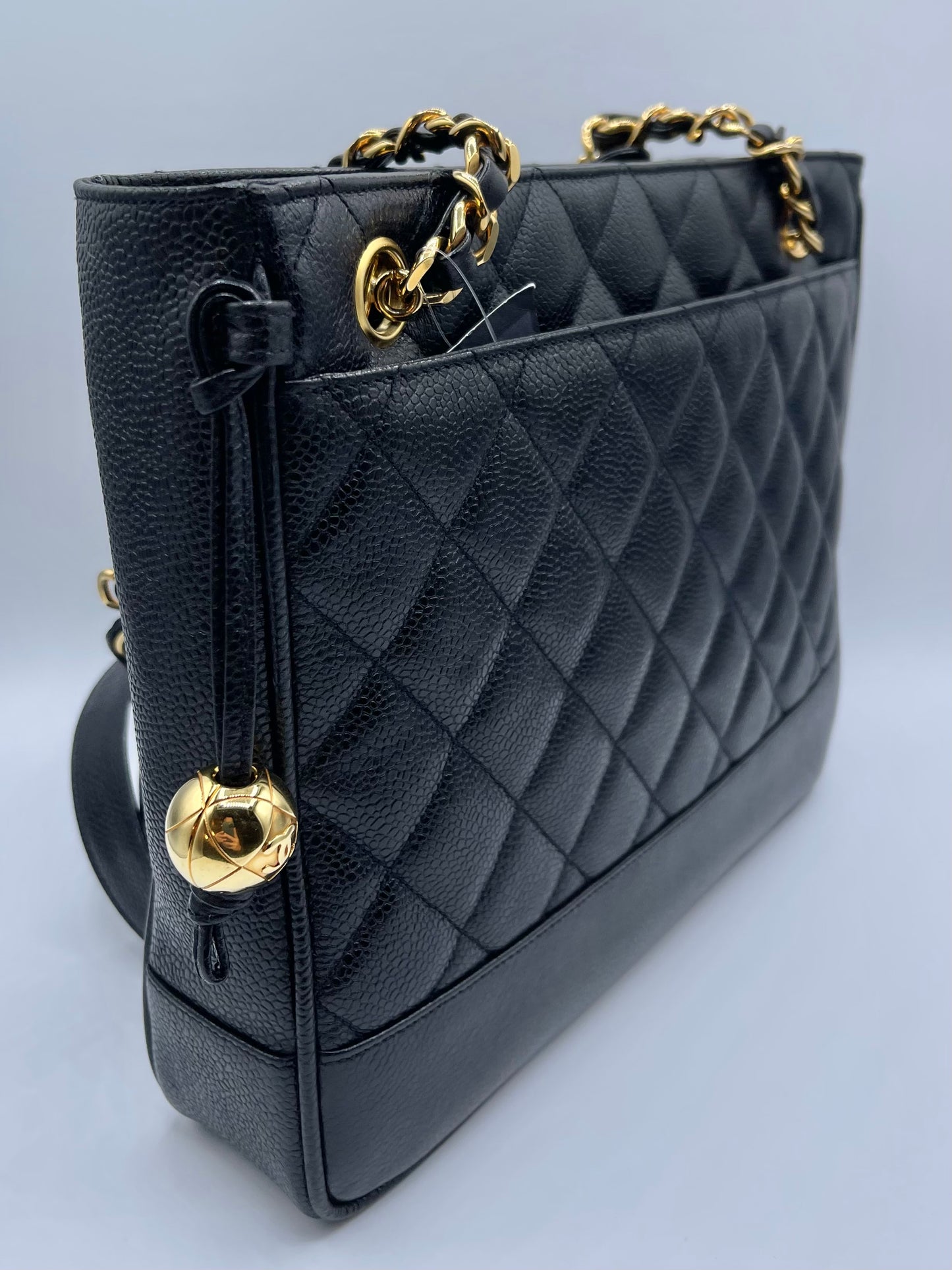BLACK CHANEL CAVIAR SHOULDER BAG WITH GOLD HARDWARE LONG STRAPS