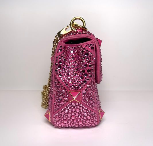 VALENTINO GARAVANI SHOULDER BAG PINK CRYSTAL ROMAN STUD