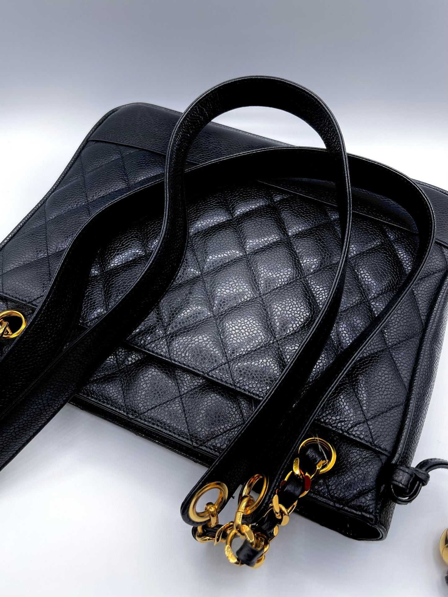BLACK CHANEL CAVIAR SHOULDER BAG WITH GOLD HARDWARE LONG STRAPS