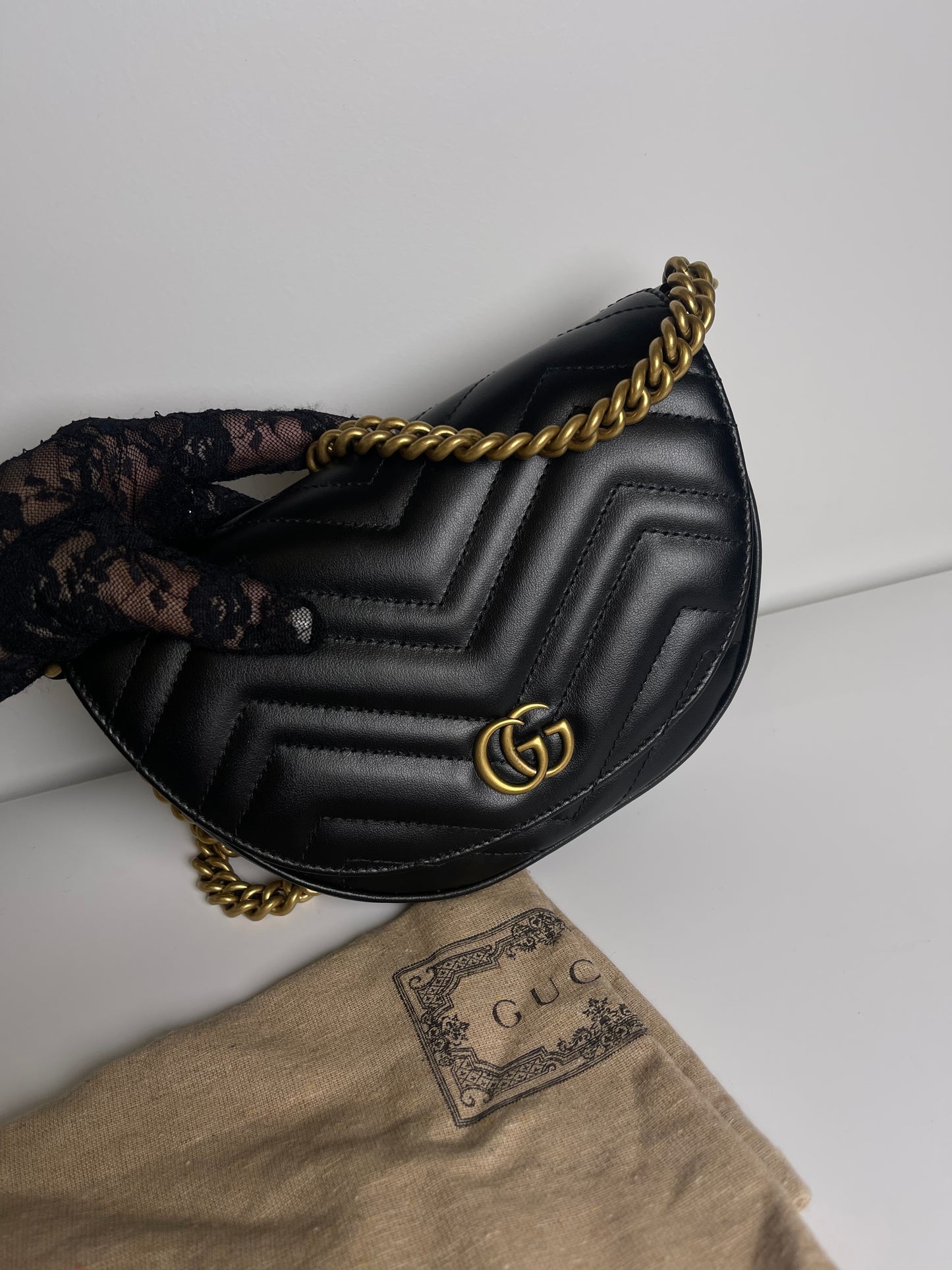 GUCCI BLACK DOUBLE G MARMONT MINI HALF MOON CROSSBODY