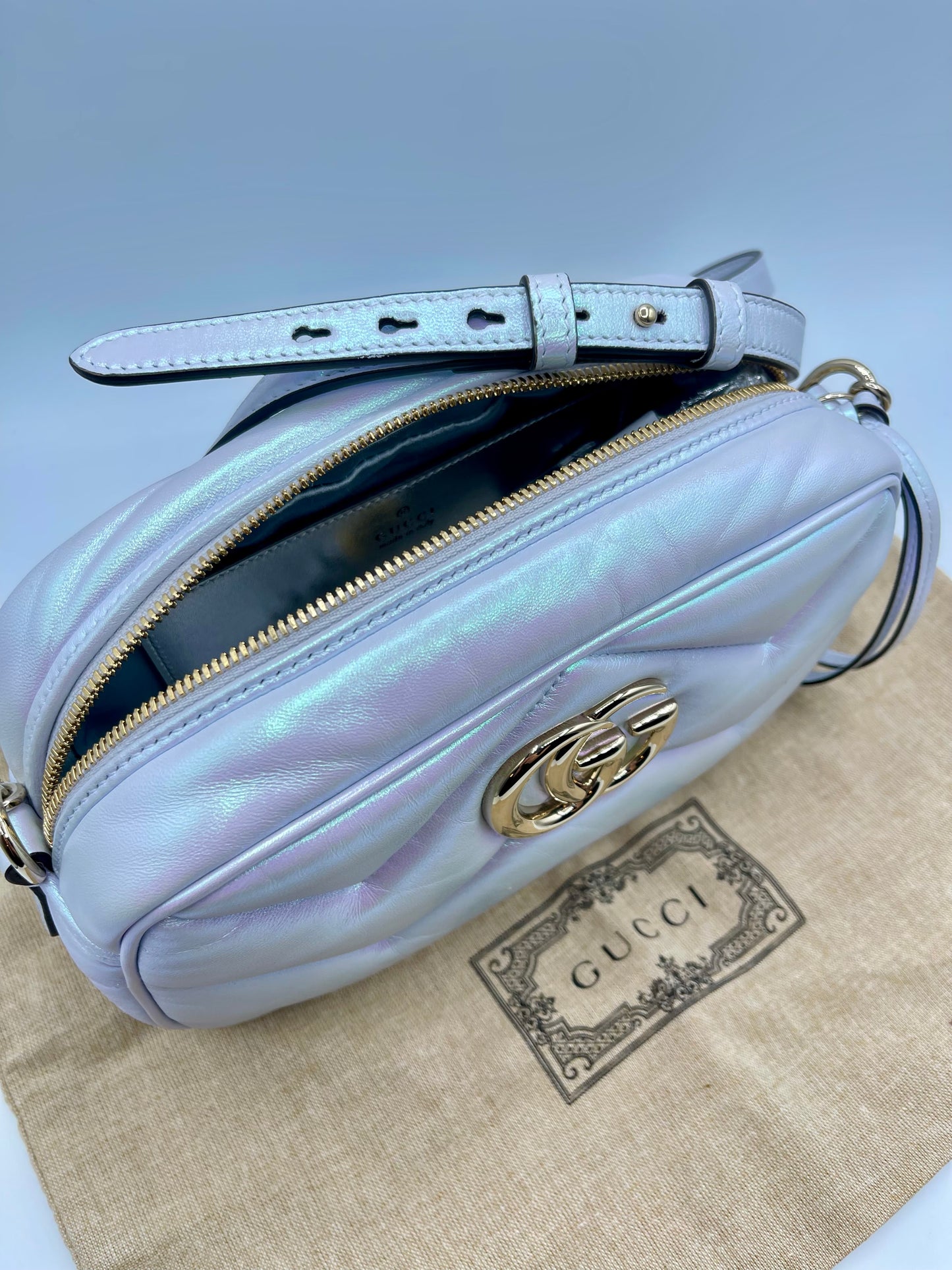 IRIDESCENT GUCCI CAMERA BAG CROSSBODY WITH DUST BAG