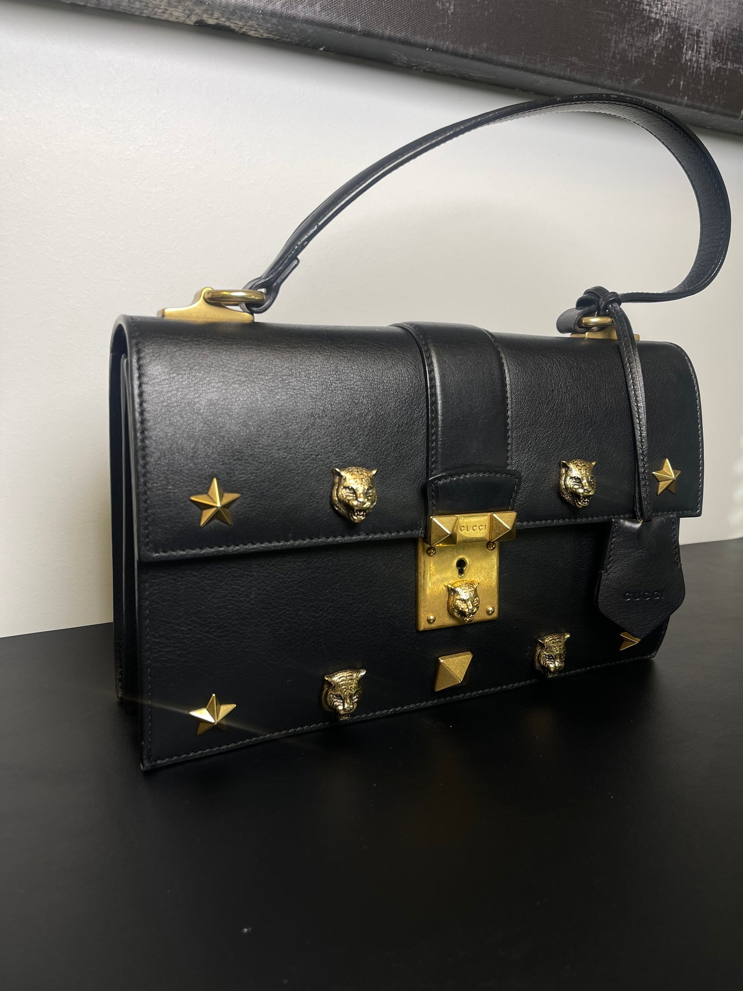 GUCCI BLACK SHOULDER BAG STUDDED GOLD HARDWARE